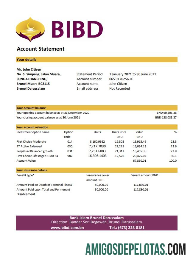 Imprimível Brunei Bank Islam Brunei Darussalam Extrato bancário modelo fácil de preencher em formato Excel e PDF (AutoSum)